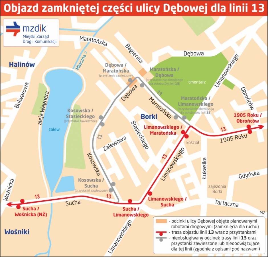 Objazd ulicy Dębowej dla autobusów linii 13