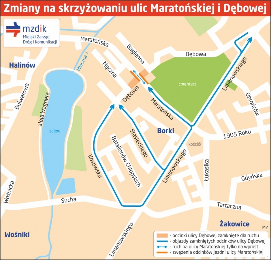 Zmiany na skrzyżowaniu ulic Maratońskiej i Dębowej